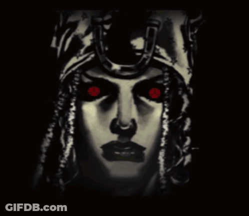 A Drawing Of A Woman With Red Eyes GIF