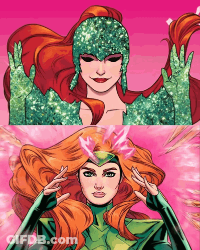 A Drawing Of A Woman With Red Hair And A Green Outfit GIF
