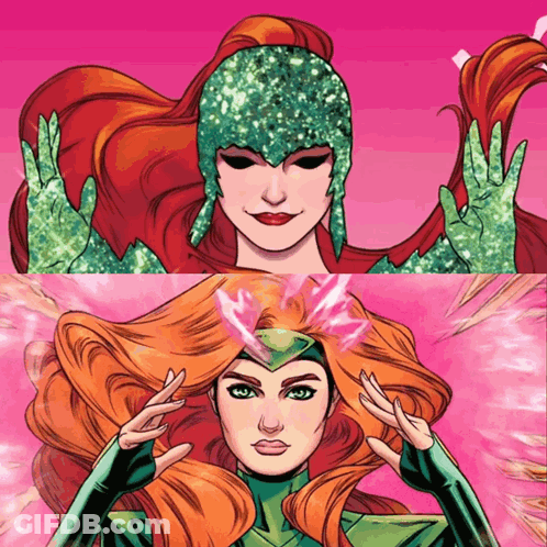 A Drawing Of A Woman With Red Hair And Green Gloves GIF