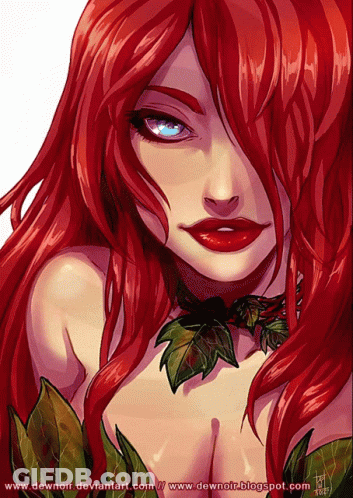 A Drawing Of A Woman With Red Hair And Leaves Is On The Website Www.dewnoir.deviantart.com GIF