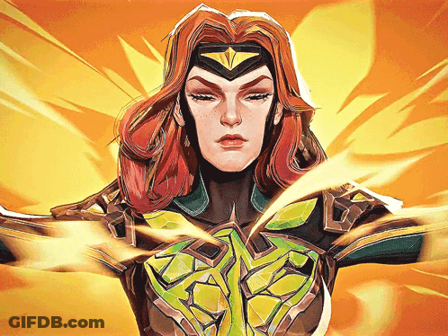 A Drawing Of A Woman With Red Hair Wearing A Green And Brown Armor GIF