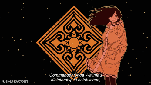 A Drawing Of A Woman With The Words " Commander Ohga Wajima 'S Dictatorship Is Established " Below Her GIF
