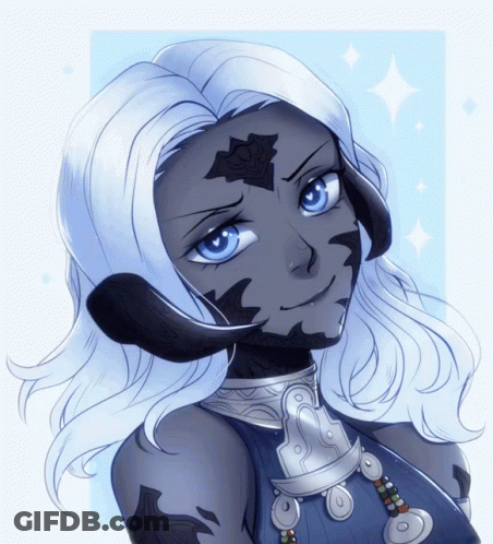 A Drawing Of A Woman With White Hair And Black Horns GIF