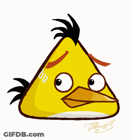 A Drawing Of A Yellow Angry Bird With A Black Feathered Head And A White Beak With The Letters B And B On It GIF