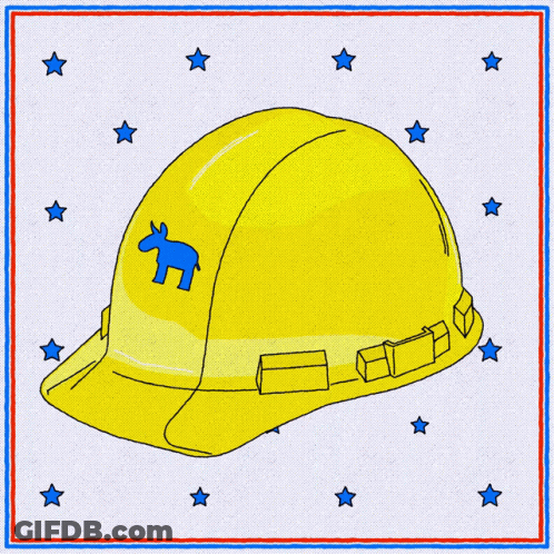 A Drawing Of A Yellow Hard Hat With A Blue Donkey On The Front GIF