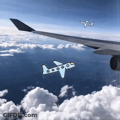 A Drawing Of An Airplane Flying In The Sky GIF