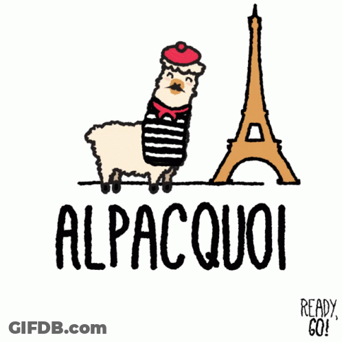 A Drawing Of An Alpaca Wearing A Striped Shirt And A Red Beret With The Word Alpacquoi Below It GIF