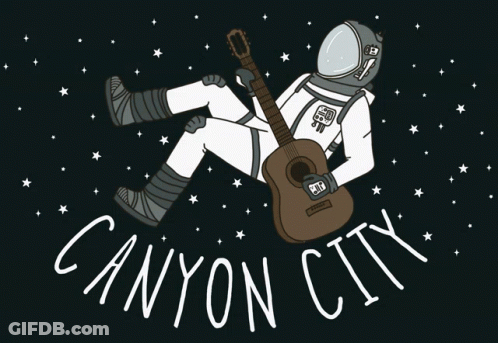 A Drawing Of An Astronaut Holding A Guitar With The Words Canyon City Below GIF