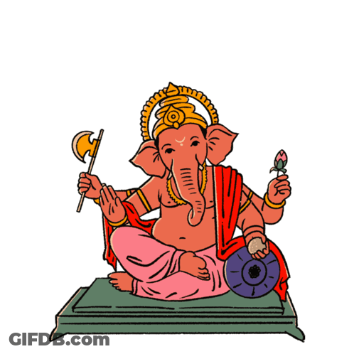 A Drawing Of An Elephant Holding An Axe And A Flower With The Words " Shri Ganesha " Above Him GIF