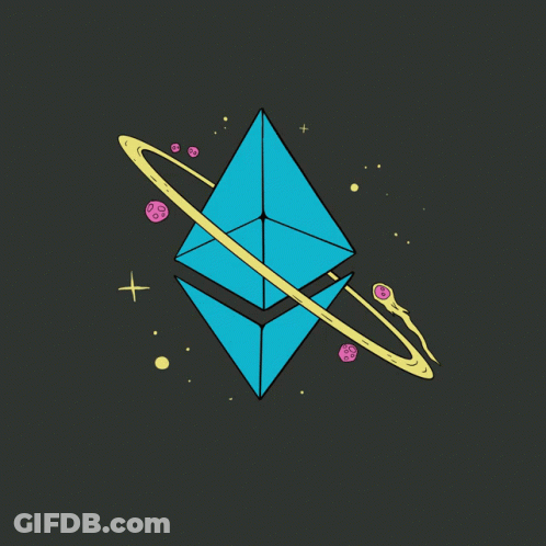 A Drawing Of An Ethereum Surrounded By Planets On A Black Background GIF