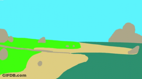 A Drawing Of An Island With Palm Trees And A Campfire GIF