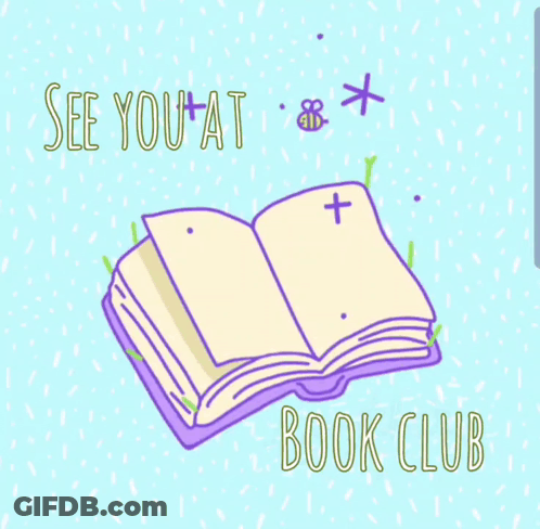 A Drawing Of An Open Book With The Words " See You At Book Club " Above It GIF