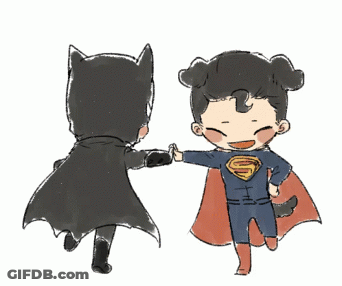 A Drawing Of Batman And Superman Holding Hands On A White Background GIF
