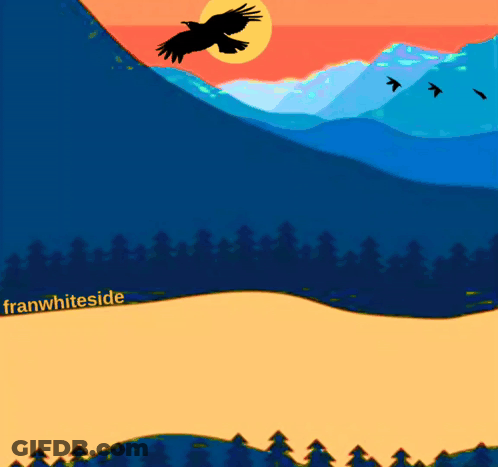 A Drawing Of Birds Flying Over Mountains With Franwhiteside Written On The Bottom Right GIF