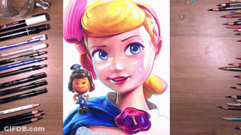 A Drawing Of Bo Peep From Toy Story Surrounded By Pencils GIF