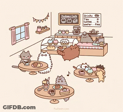 A Drawing Of Cats Sitting At Tables In A Cafe With A Sign That Says Pusheen Cafe GIF