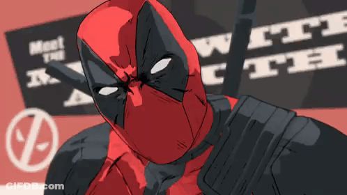 A Drawing Of Deadpool Standing In Front Of A Sign That Says Meet Ya GIF