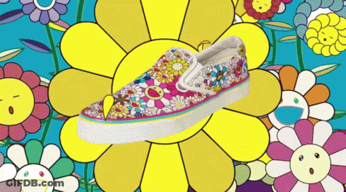 A Drawing Of Flowers With A Shoe In Front Of It GIF