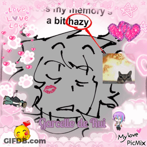 A Drawing Of Garcello De Rui With A Cat And Hearts GIF