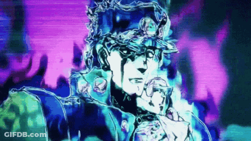 A Drawing Of Jotaro Kujo From Jojo 'S Bizarre Adventure Standing In Front Of A Purple Background . GIF
