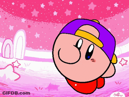A Drawing Of Kirby Wearing A Purple Hat And A Red Shirt GIF
