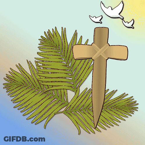 A Drawing Of Palm Leaves And A Cross With Birds Flying In The Background GIF