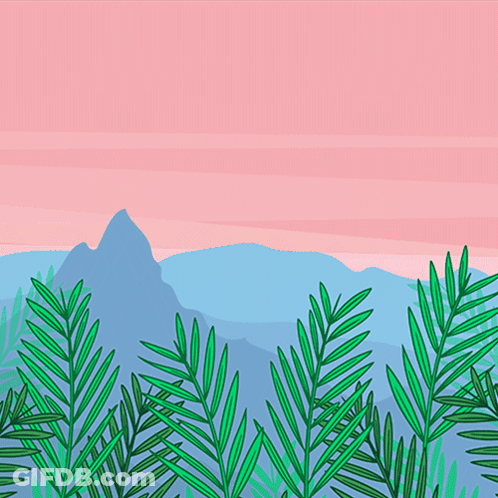 A Drawing Of Palm Leaves And Mountains With A Pink Sky GIF