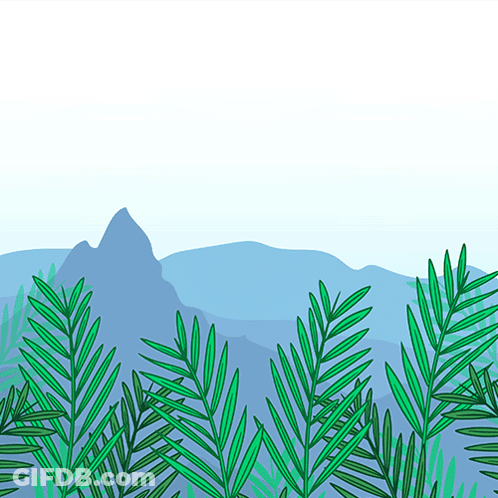 A Drawing Of Palm Leaves And Mountains With A White Background GIF
