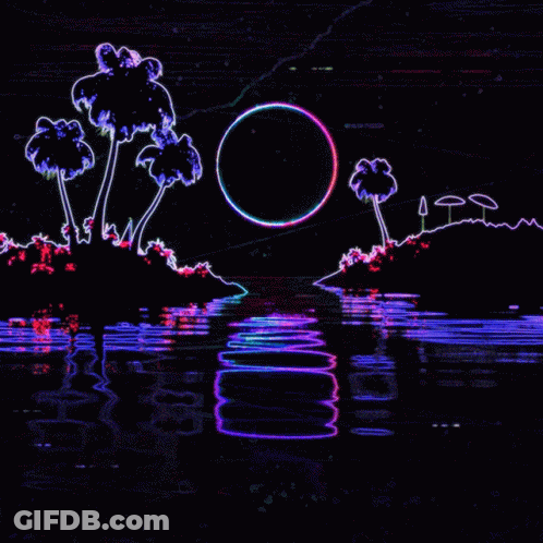 A Drawing Of Palm Trees And A Circle In The Water GIF