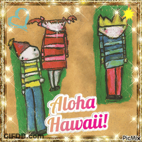 A Drawing Of People With The Words Aloha Hawaii GIF