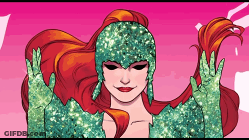 A Drawing Of Poison Ivy With Red Hair And Green Leaves GIF
