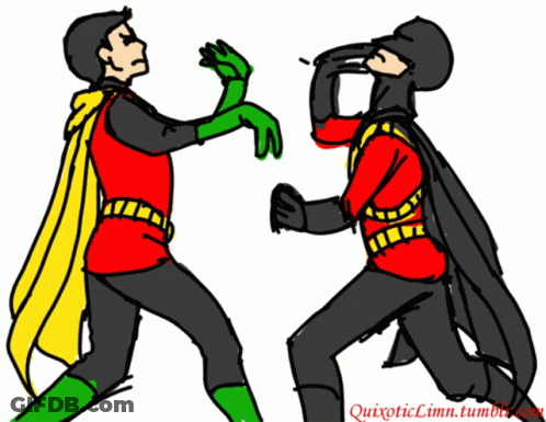 A Drawing Of Robin And Batman With The Website Quixoticlimn.tumblr.com In The Bottom Right Corner GIF