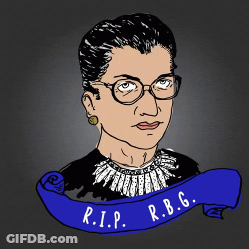 A Drawing Of Ruth Bader Ginsburg With A Blue Banner That Says " Rip R.b.g. " GIF