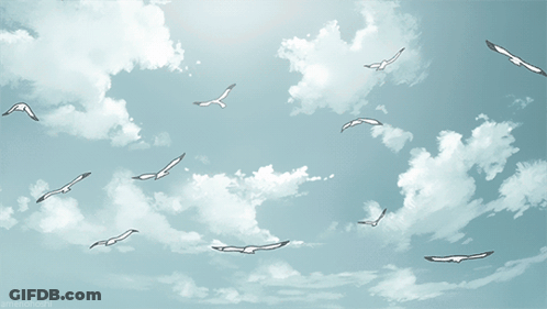 A Drawing Of Seagulls Flying In A Cloudy Blue Sky With The Watermark @Emmahook2 GIF