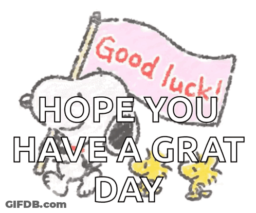 A Drawing Of Snoopy Holding A Pink Flag That Says Good Luck Hope You Have A Grat Day GIF
