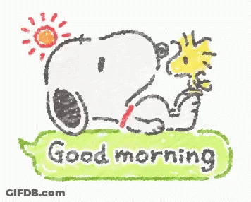 A Drawing Of Snoopy Saying Good Morning With A Speech Bubble GIF