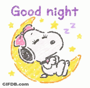 A Drawing Of Snoopy Sleeping On A Crescent Moon With The Words Good Night Written Below Him GIF
