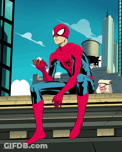 A Drawing Of Spider-Man Sitting On A Ledge Eating A Hotdog GIF