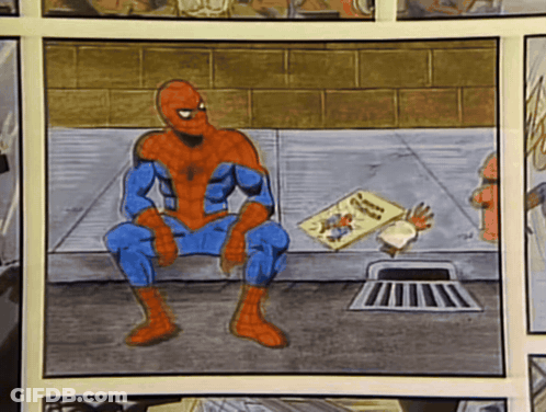 A Drawing Of Spider Man Sitting On A Sidewalk GIF