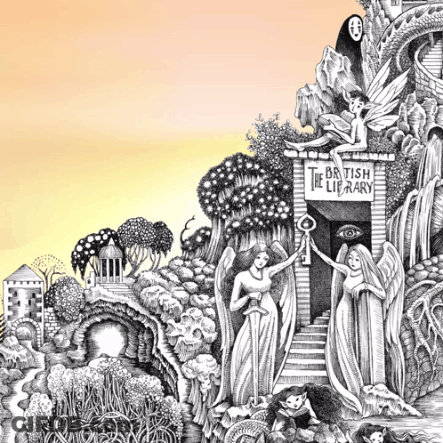 A Drawing Of The British Library With Angels And A Key GIF