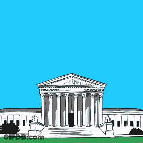 A Drawing Of The Supreme Court Building With The Word Justice Written Above It GIF
