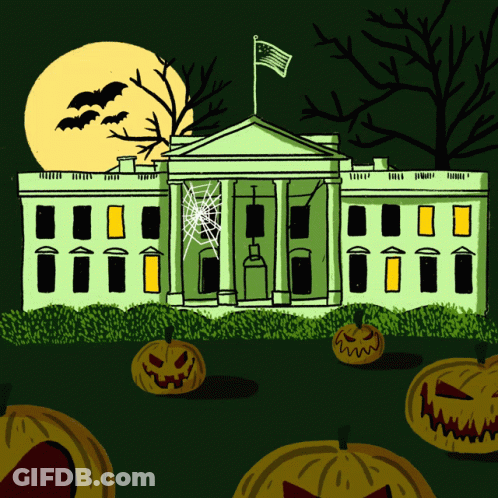 A Drawing Of The White House Decorated For Halloween With Pumpkins And Bats GIF