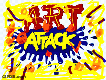 A Drawing Of The Word Art Attack With Flames Coming Out Of It GIF