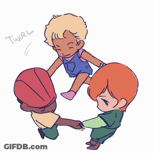 A Drawing Of Three Children Holding Hands With The Word Twirl Written On The Bottom GIF