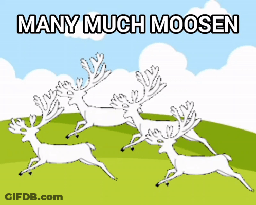 A Drawing Of Three Deer Running With The Words Many Much Moosen Below Them GIF