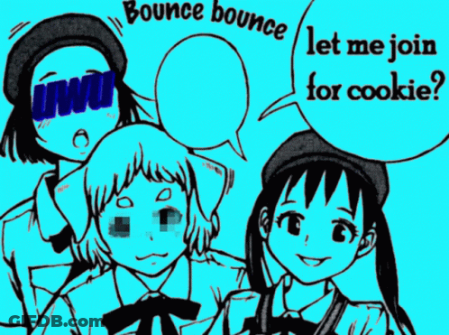 A Drawing Of Three Girls With A Speech Bubble That Says Bounce Bounce Thank GIF