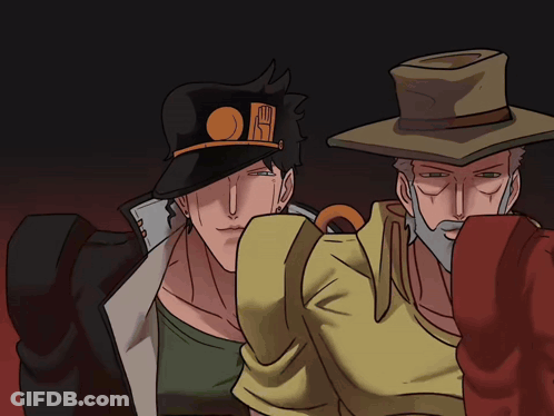 A Drawing Of Three Men With One Wearing A Hat That Says Jojo GIF
