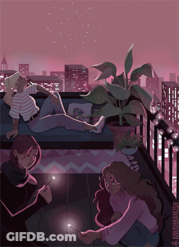 A Drawing Of Three People On A Balcony With A City Skyline Behind Them GIF