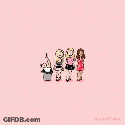 A Drawing Of Three Women Standing Next To Each Other On A Pink Background . GIF