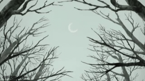 A Drawing Of Trees With A Crescent Moon In The Sky GIF